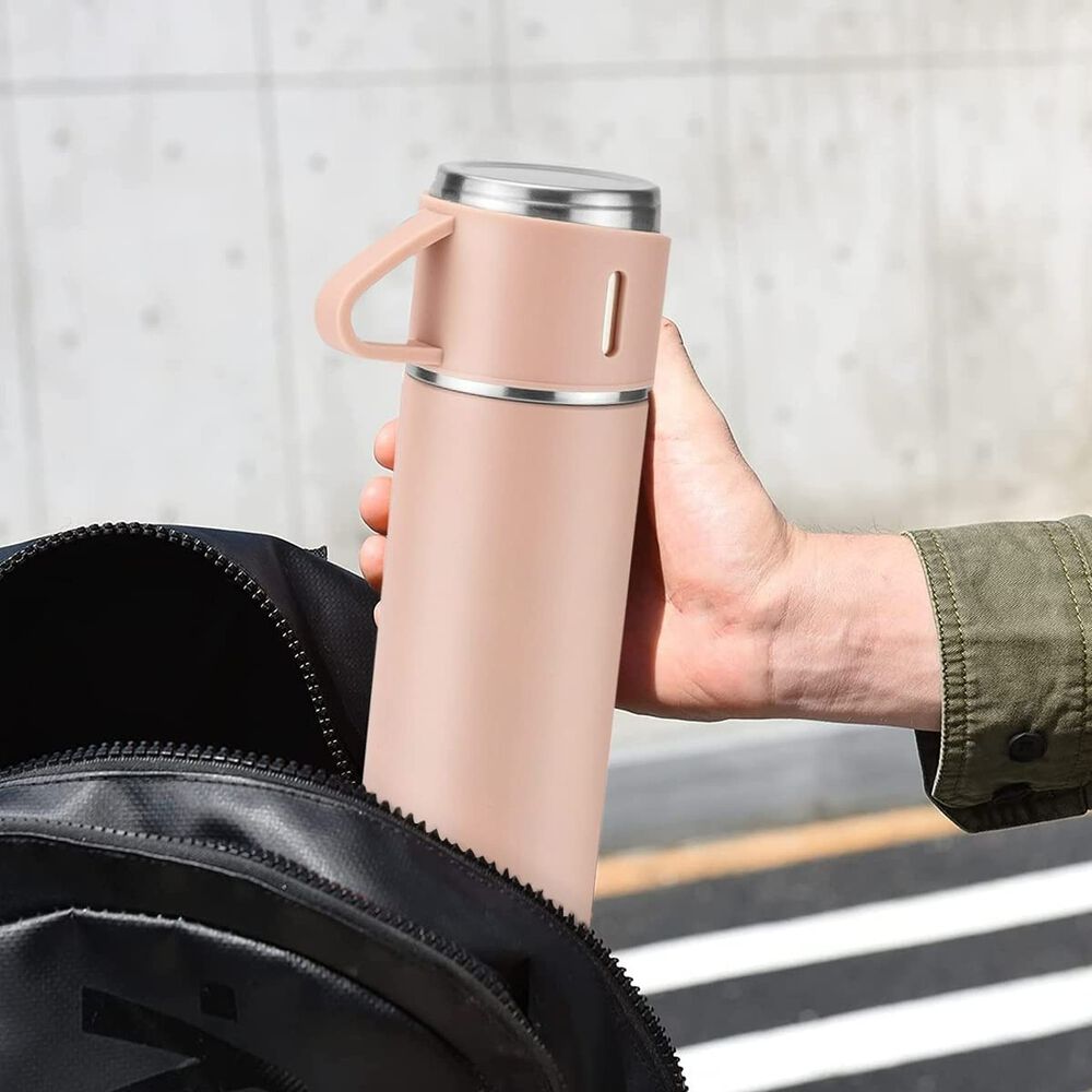 Termo Acero Inoxidable 500ml Beige Claro Y 3 Tazas Aisladas image number 5.0