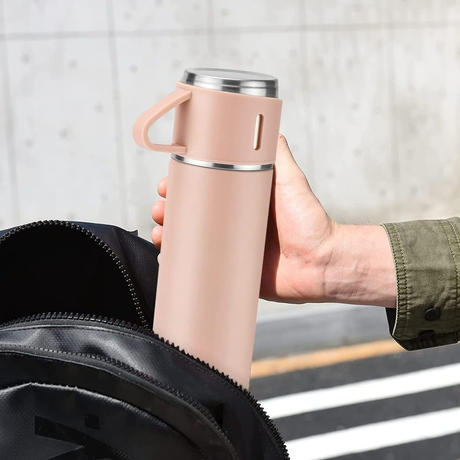 Termo Acero Inoxidable 500ml Beige Claro Y 3 Tazas Aisladas image number 5.0