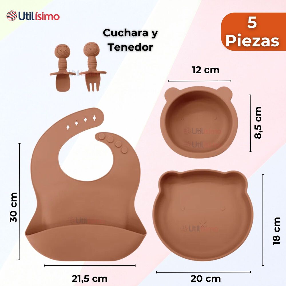 Set De Alimentación Bebé Silicona 5 Piezas De Osito Libre Bpa Color Naranja image number 1.0