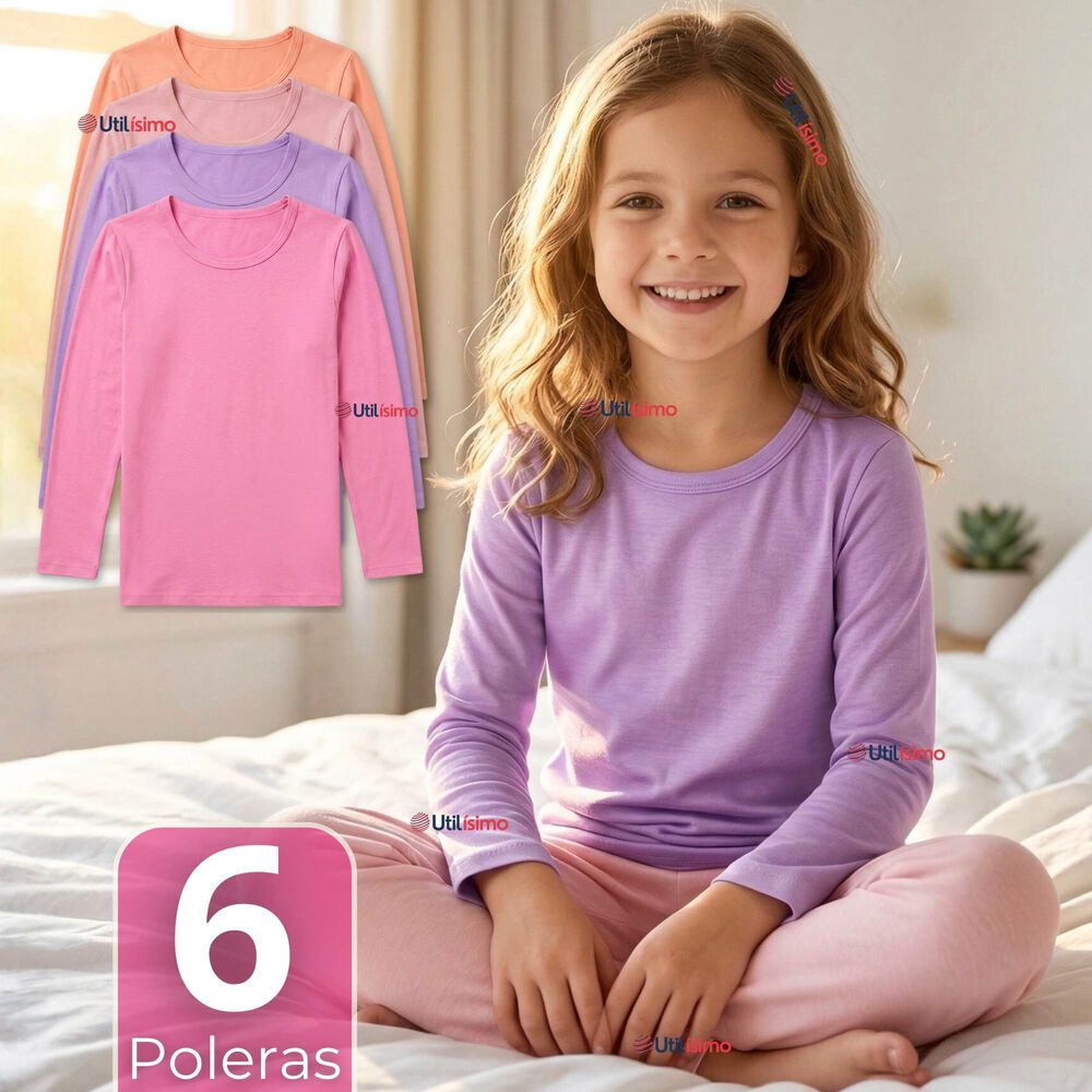 Pack 6 Camisetas Poleras Bamb&uacute; Cuello Redondo Primera Capa Manga Larga Colores Surtido Ni&ntilde;a image number 0.0