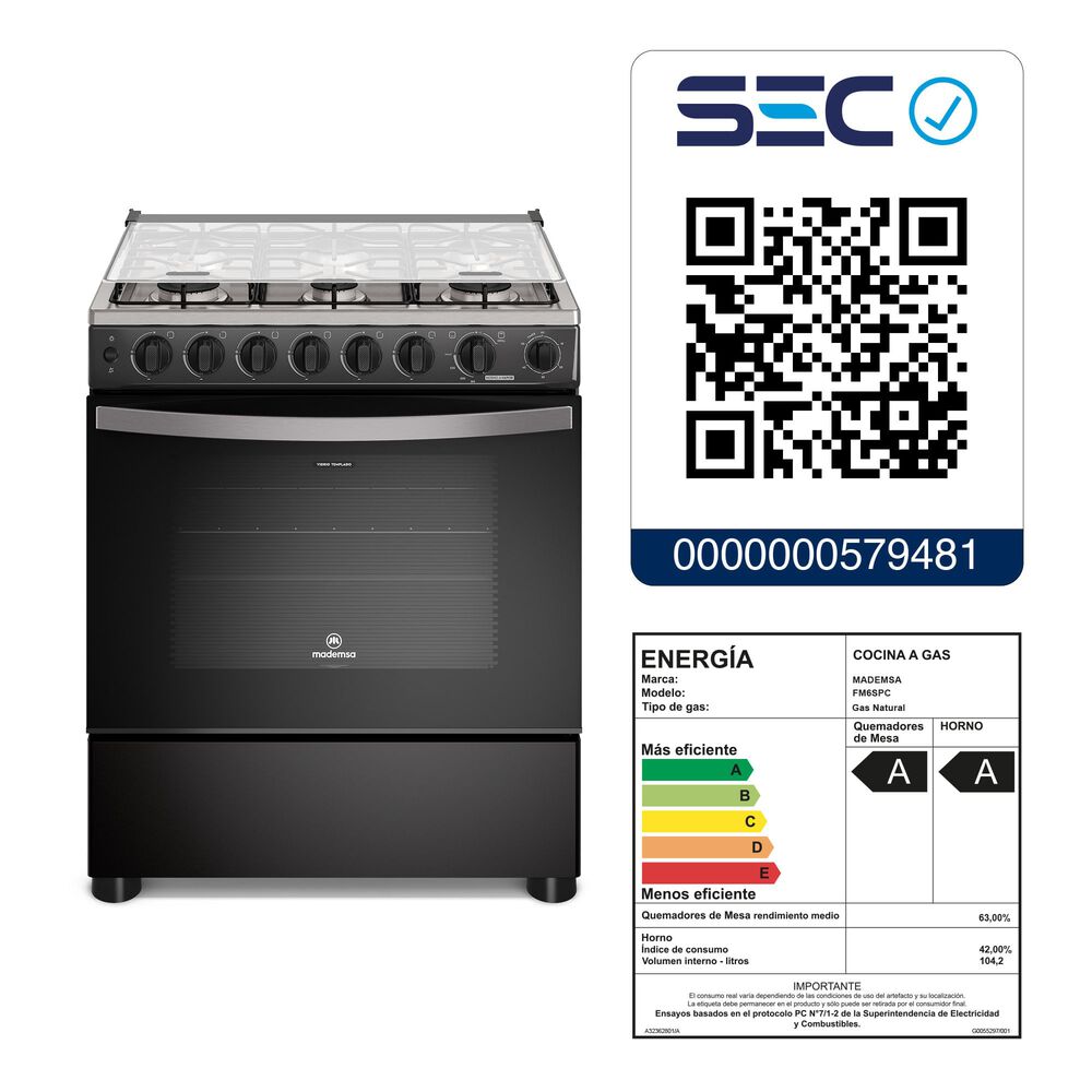 Cocina A Gas 6 Platos Horno Vapor Y Parrilla Pletina Fm6spc Negra image number 2.0