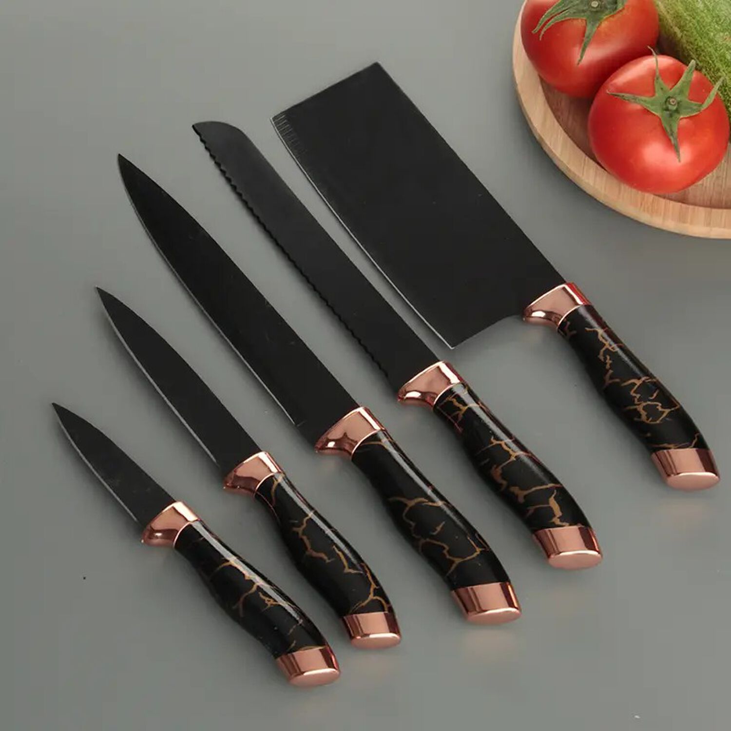Set Cuchillos De Cocina 9 Piezas Con Base Giratoria Marmoleado Negro Dorado image number 5.0