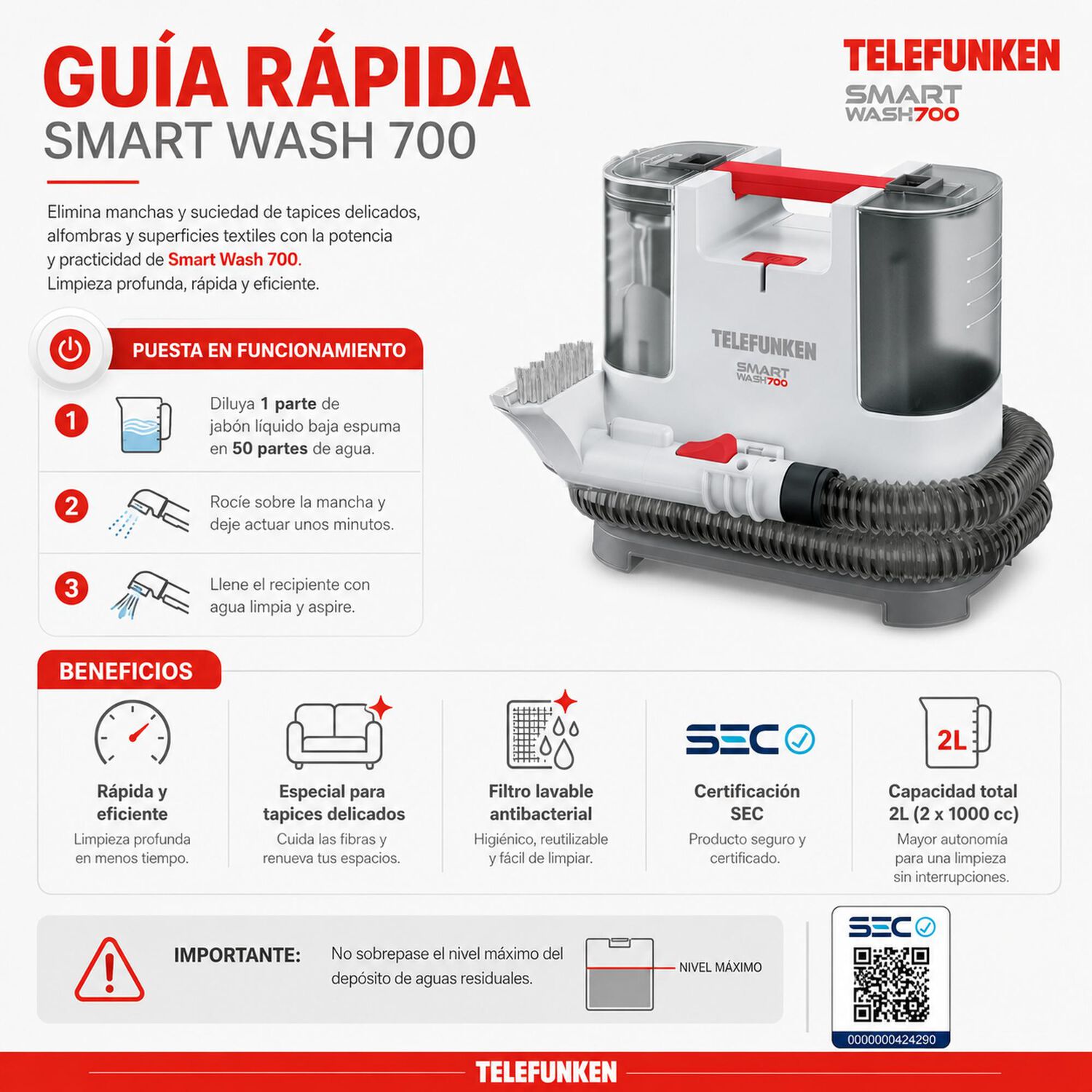 Aspiradora Limpia Tapiz Telefunken Smart Wash 700w Multiusos image number 9.0