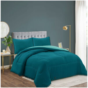 Juego De Plum&oacute;n De 3 Piezas Vintage Con Pompones - 2 Plazas Turquesa