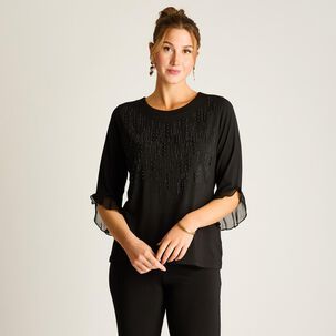 Polera Strass Aplicación Gasa Manga 3/4 Cuello Redondo Mujer Lorenzo Di Pontti