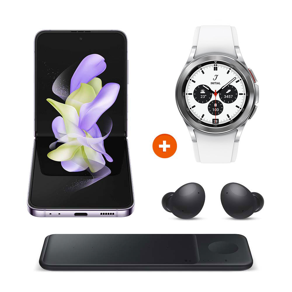 Smartphone Samsung Galaxy Z Flip4 256 GB Purple + Galaxy Watch 4 Classic 42mm Silver LTE + Wireless Charger + Galaxy Buds2 image number 0.0