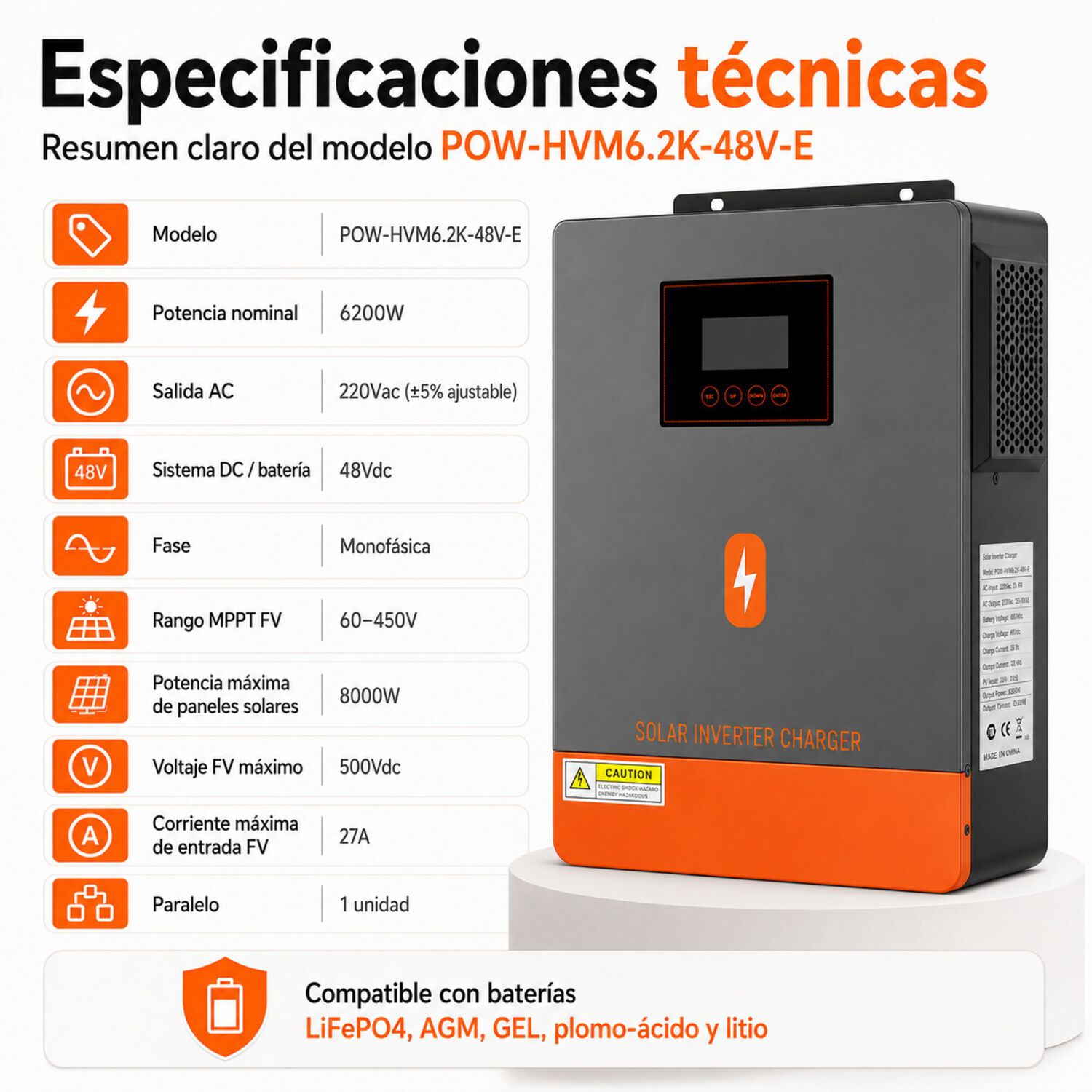 Inversor Solar H&iacute;brido Powmr 6200w 48v Funciona Sin Bater&iacute;as image number 9.0