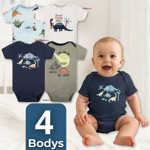 Pack 4 Bodys Ni&ntilde;o Manga Corta Tedmimak 100% Algod&oacute;n Dino Aventura