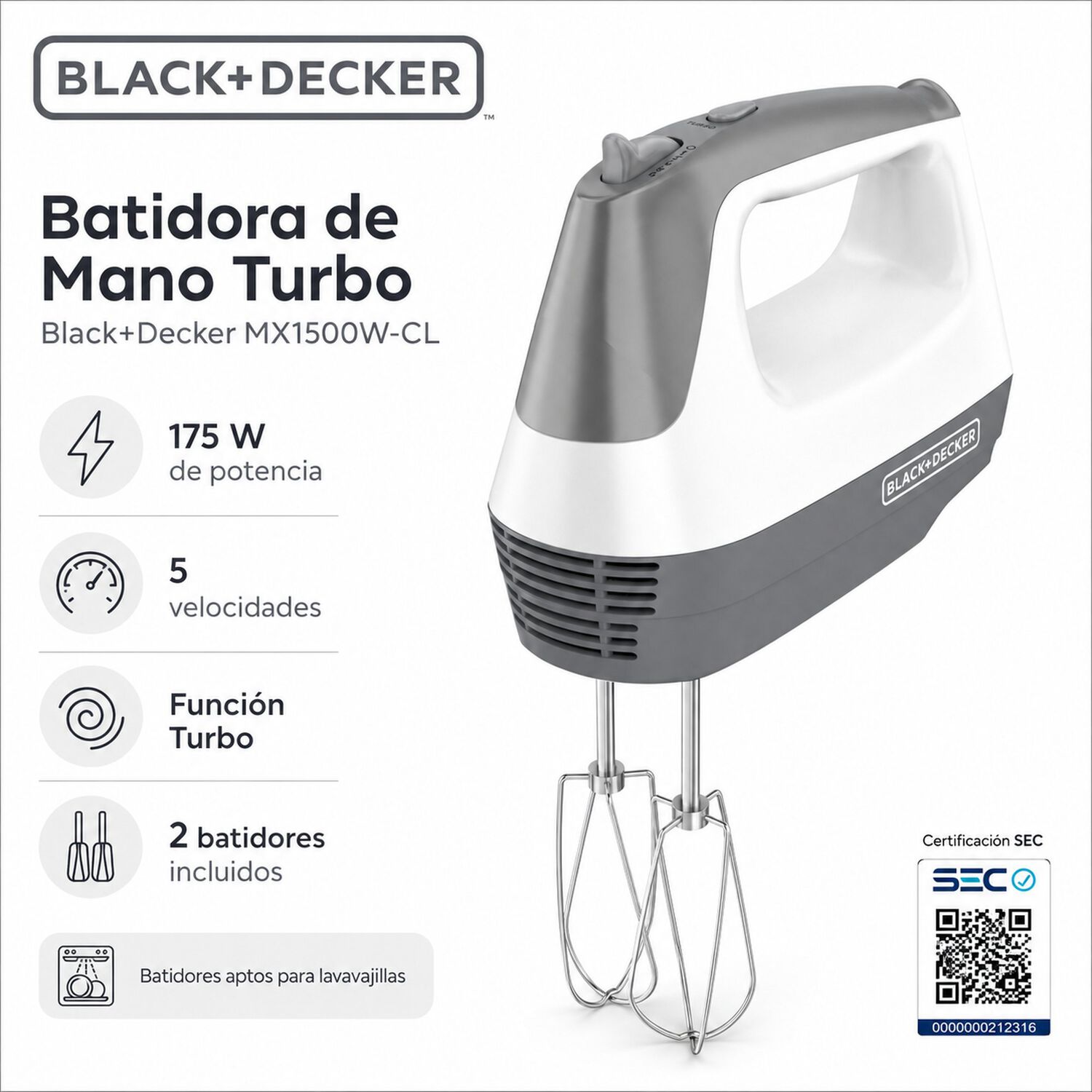 Batidora De Mano Black + Decker Mx1500w-cl Turbo image number 6.0