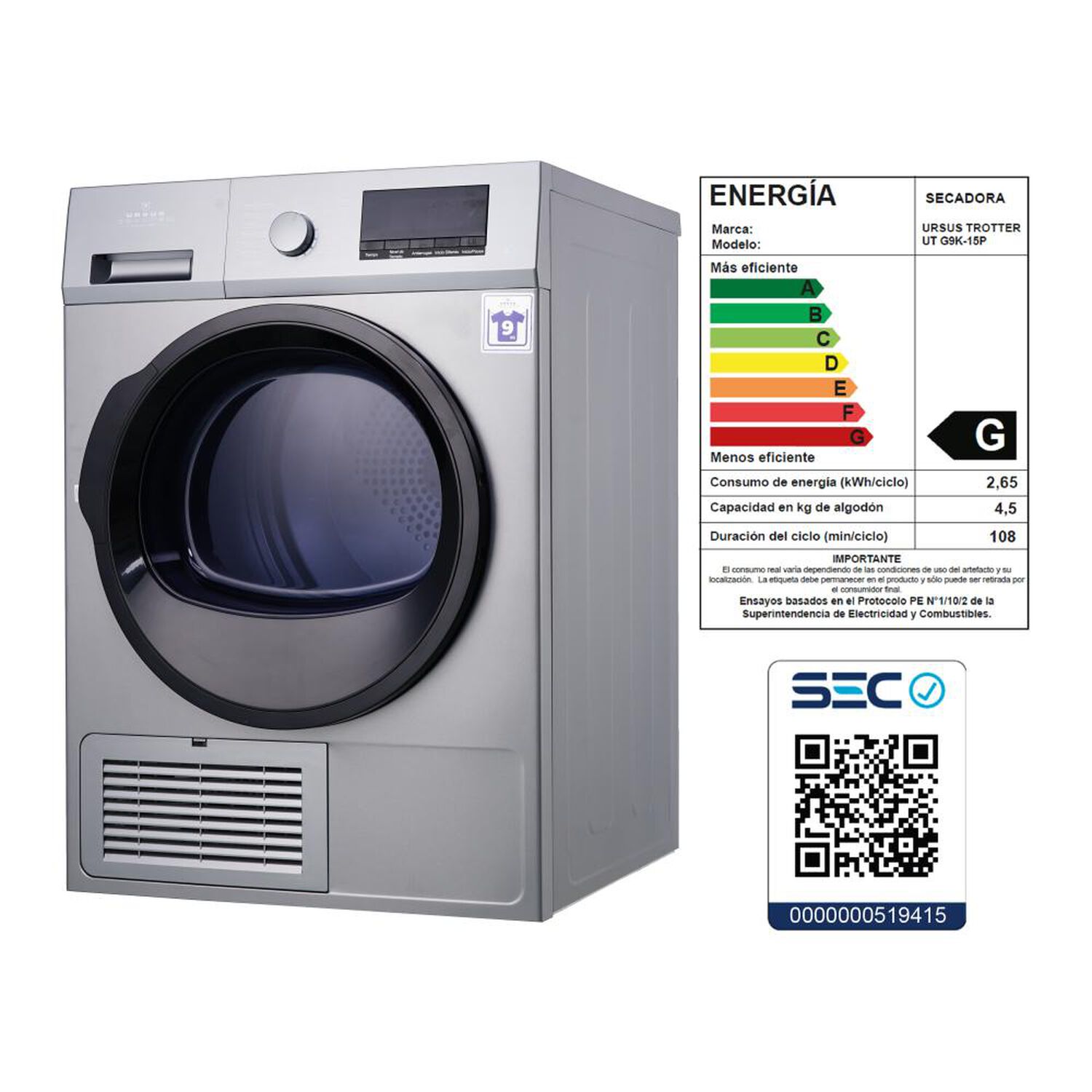 Secadora Ursus Trotter Secadora Condensacion UT G9K-15P / 9 Kg image number 5.0