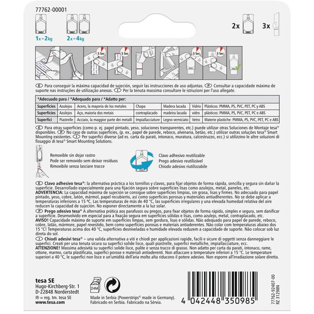 Clavos Adhesivos Powerstrips Azulejos / Vidrio / Metal 2kg 2 Un. Removibles - Tesa image number 1.0