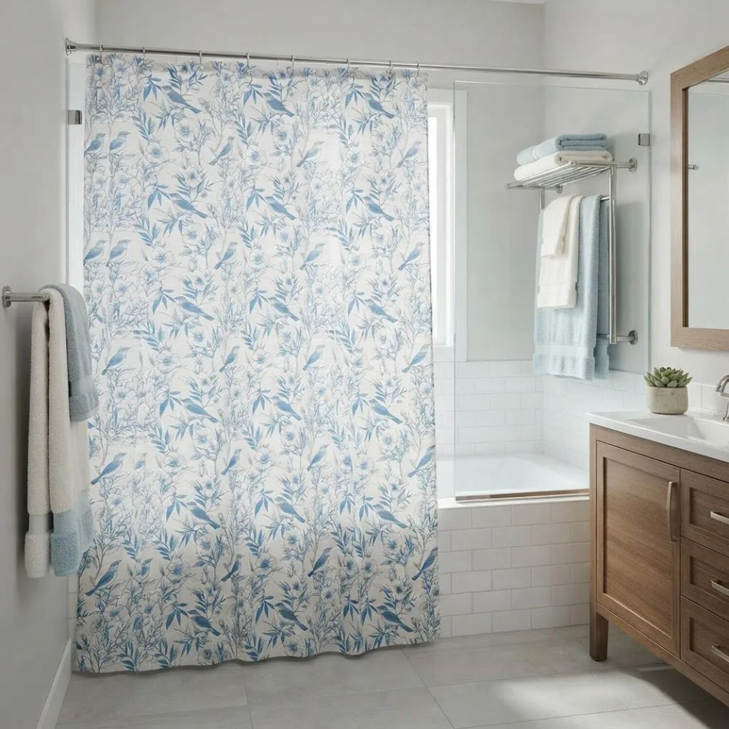Set Cortina De Ba&ntilde;o De Tela Jard&iacute;n Azul Con Forro image number 2.0