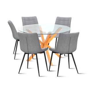 Comedor Mesa Redonda De Vidrio Cross 120cm + 5 Silla Macron Terciopelo - Gris