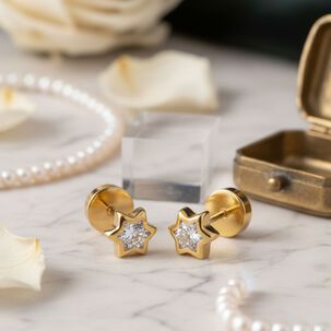 Aros Abridores Estrella 6 Puntas 5 Mm Oro 18k Con Circ&oacute;n Y Tope A Presi&oacute;n
