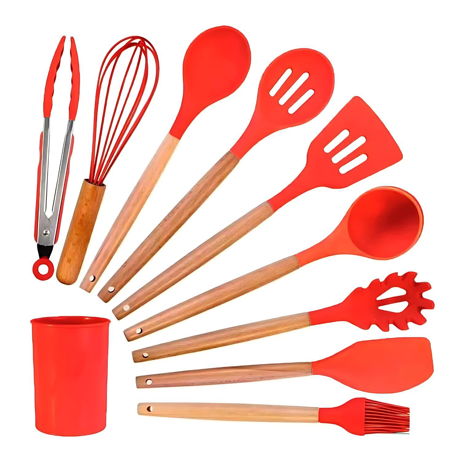 Set De Utensilios De Silicona Y Madera Para Cocina Rojo image number 0.0