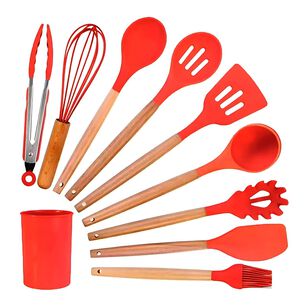 Set De Utensilios De Silicona Y Madera Para Cocina Rojo