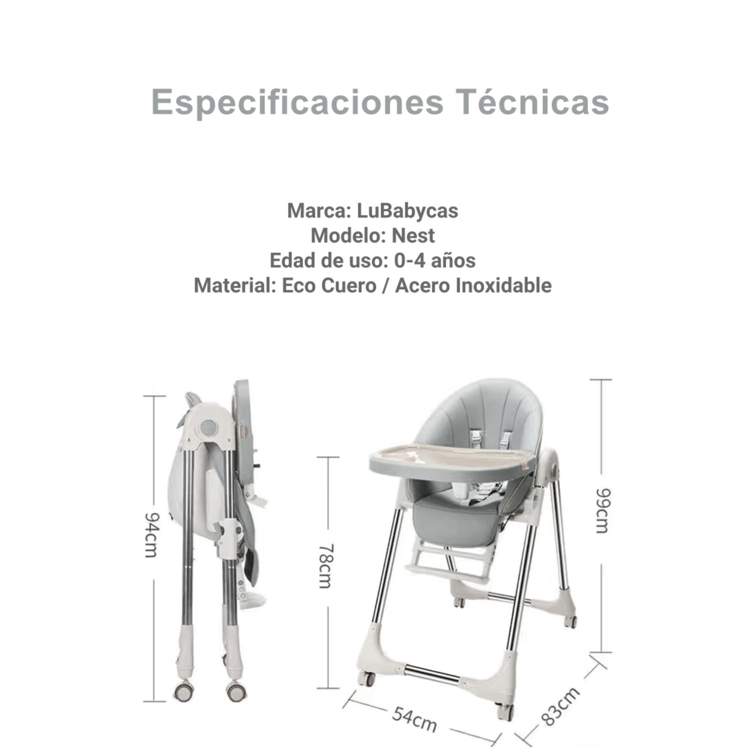 Silla De Comer Lubabycas Plegable Con Ruedas Gris image number 6.0