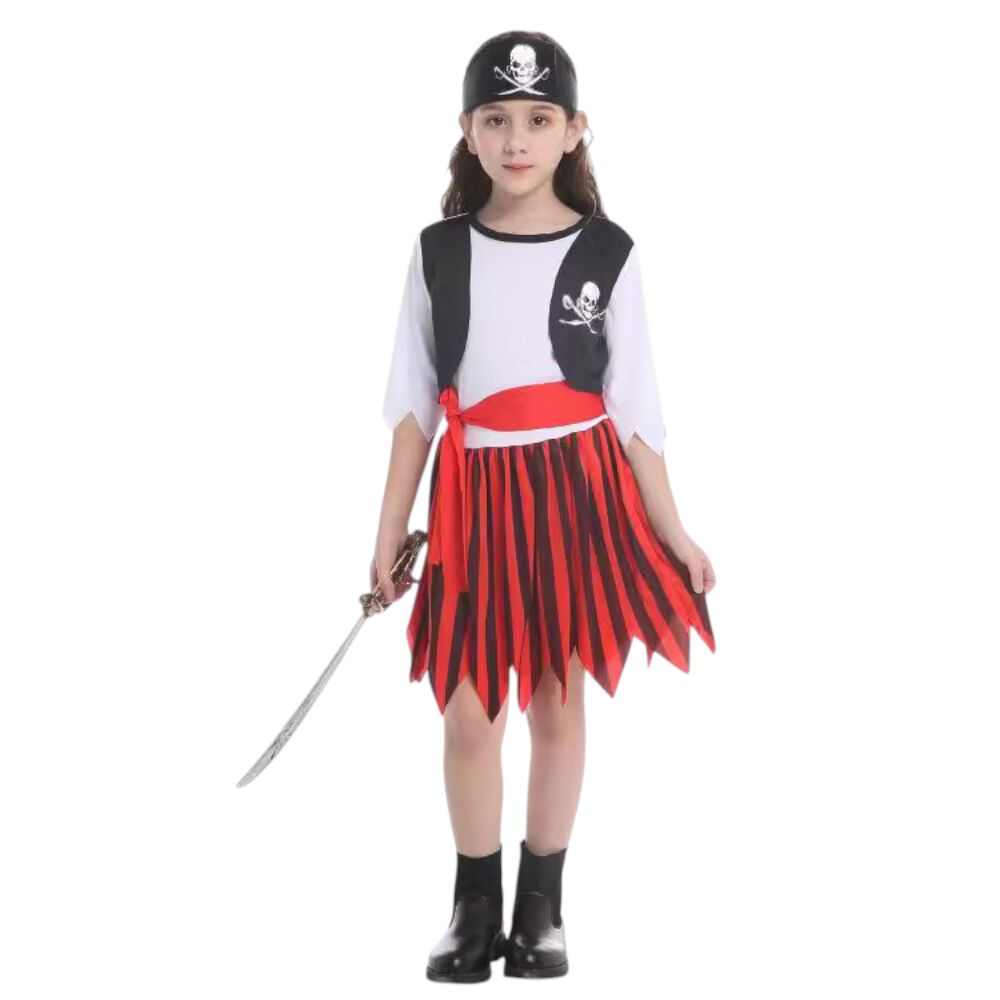 Disfraz Infantil Pirata Para Niña Chile - Traje Completo Con Falda Roja, Blusa Blanca Y Chaleco Negro image number 0.0