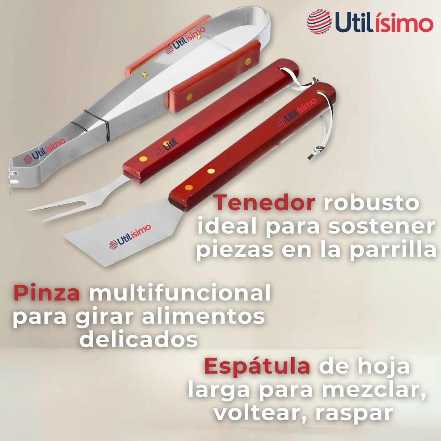 Kit Parrillero 3 Piezas Pinza Esp&aacute;tula Tenedor Para Asados Mango Madera Acero Inoxidable image number 5.0