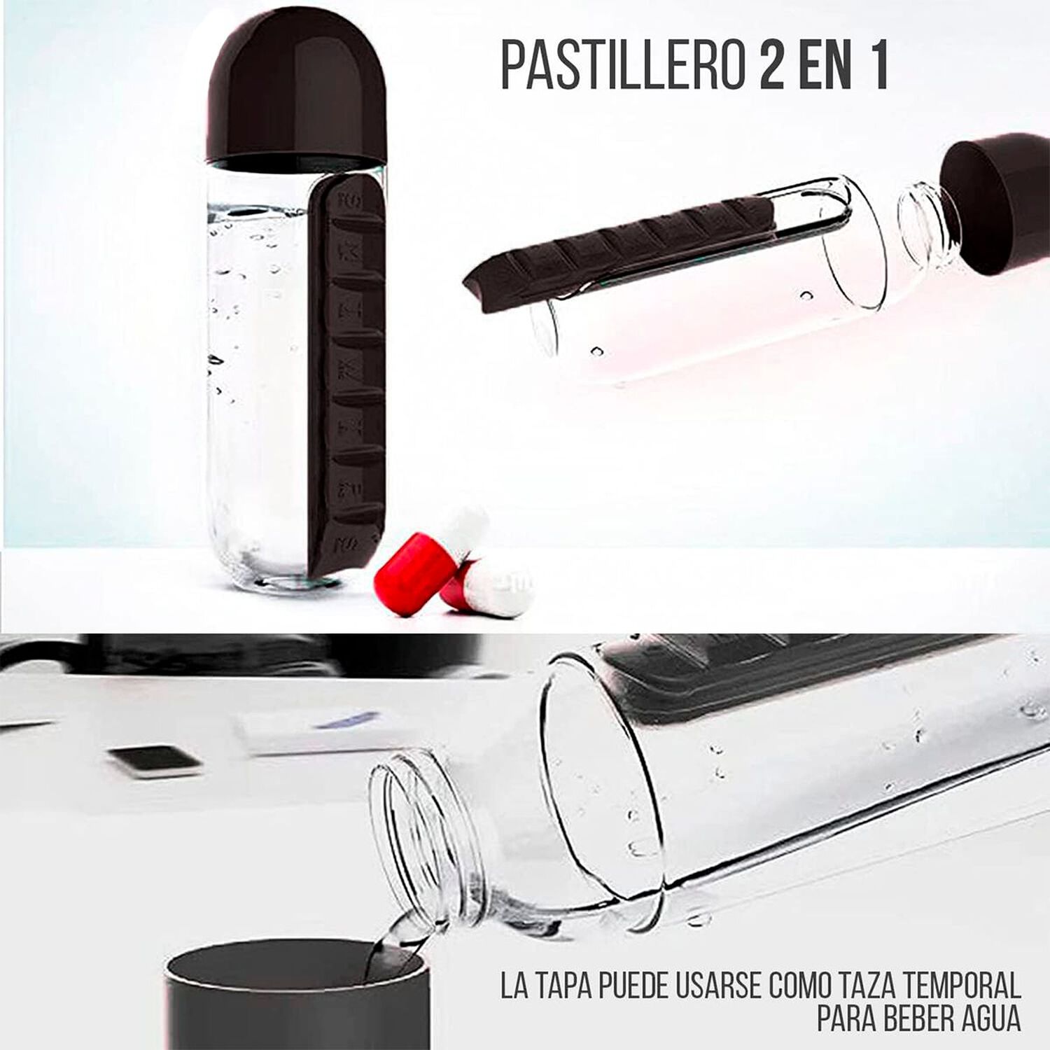 Botella De Agua Pastillero Organizador Pastilleros Semanales Negro image number 3.0
