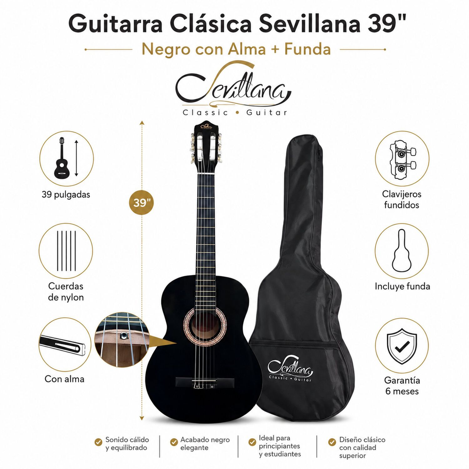 Guitarra Cl&aacute;sica Sevillana 39&rdquo; Negro Con Alma + Funda 8448 image number 5.0