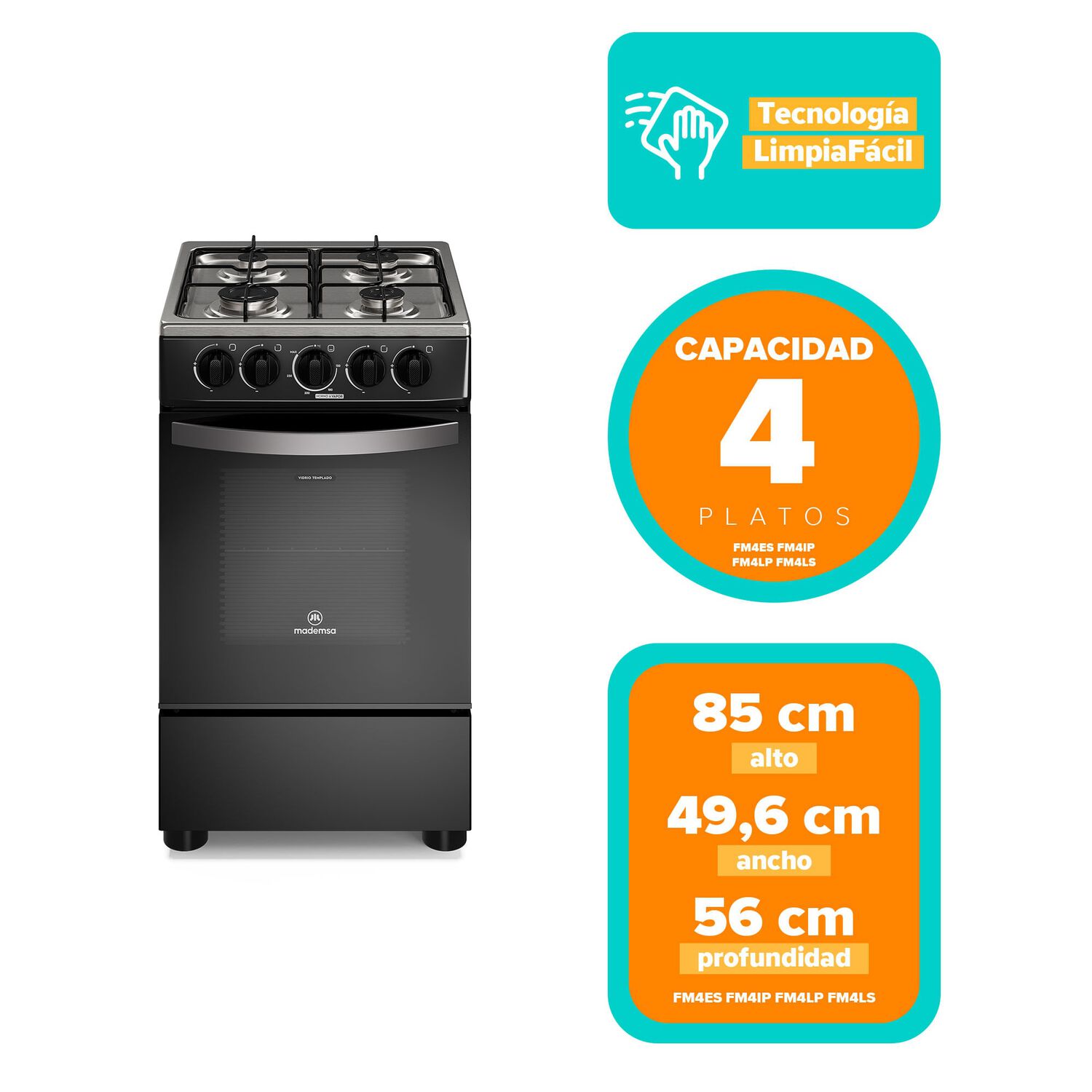 Cocina A Gas 4 Platos Mademsa Limpiaf&aacute;cil Fm4ip Negra image number 1.0