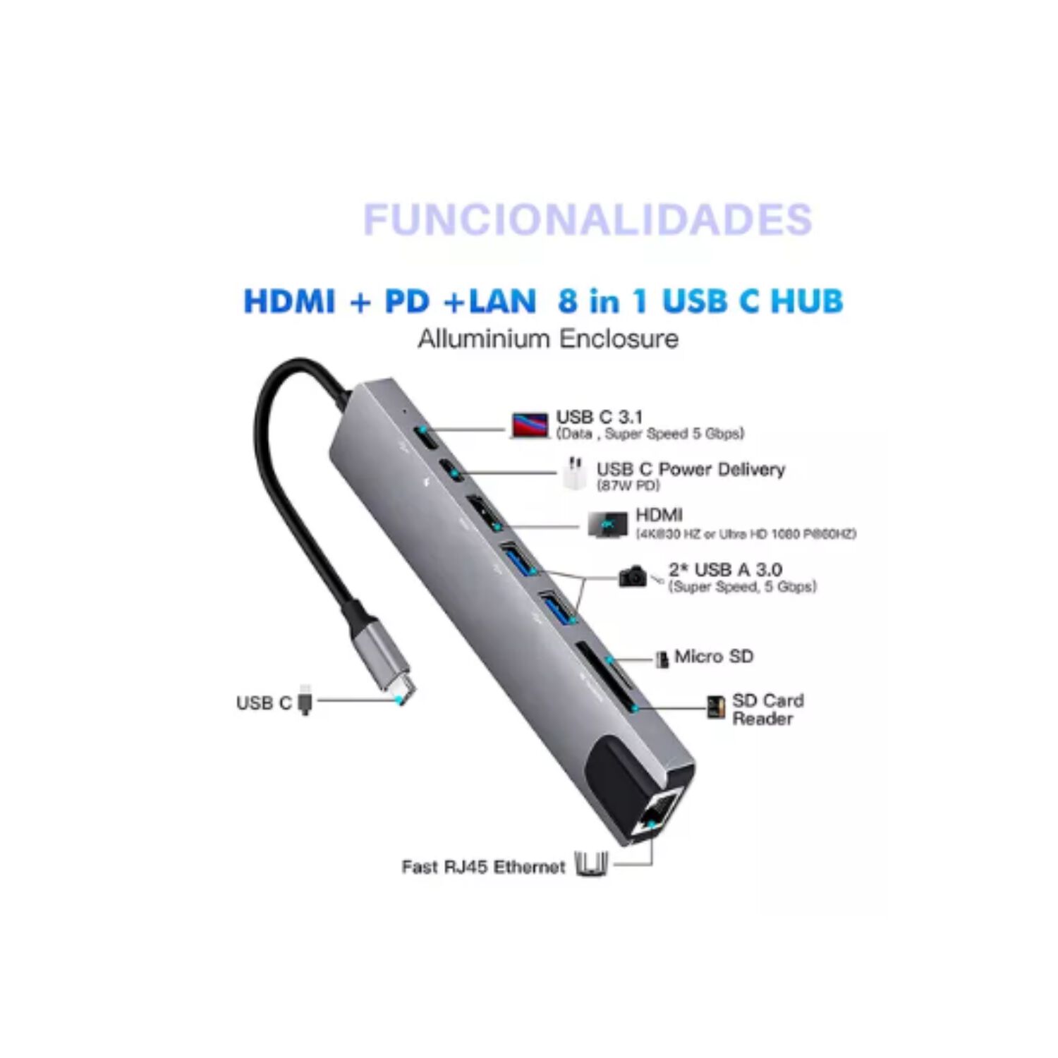 Adaptador Hub Para Macbook Air M1 M2 8 En 1 Usb-c Hdmi 4k image number 1.0