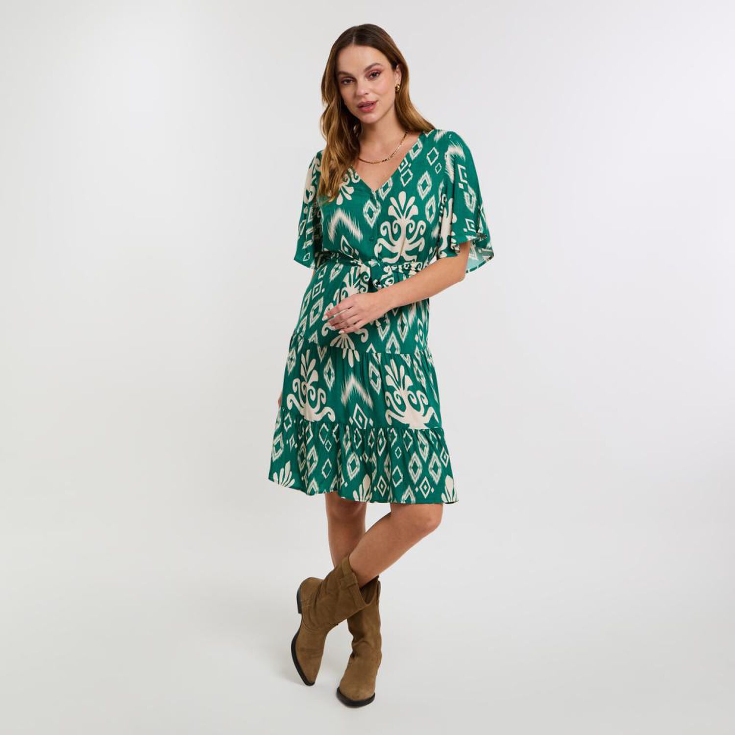 Vestido Full Print Maga Corta Con Vuelo Y Lazo En Cintura Mujer Kimera image number 1.0