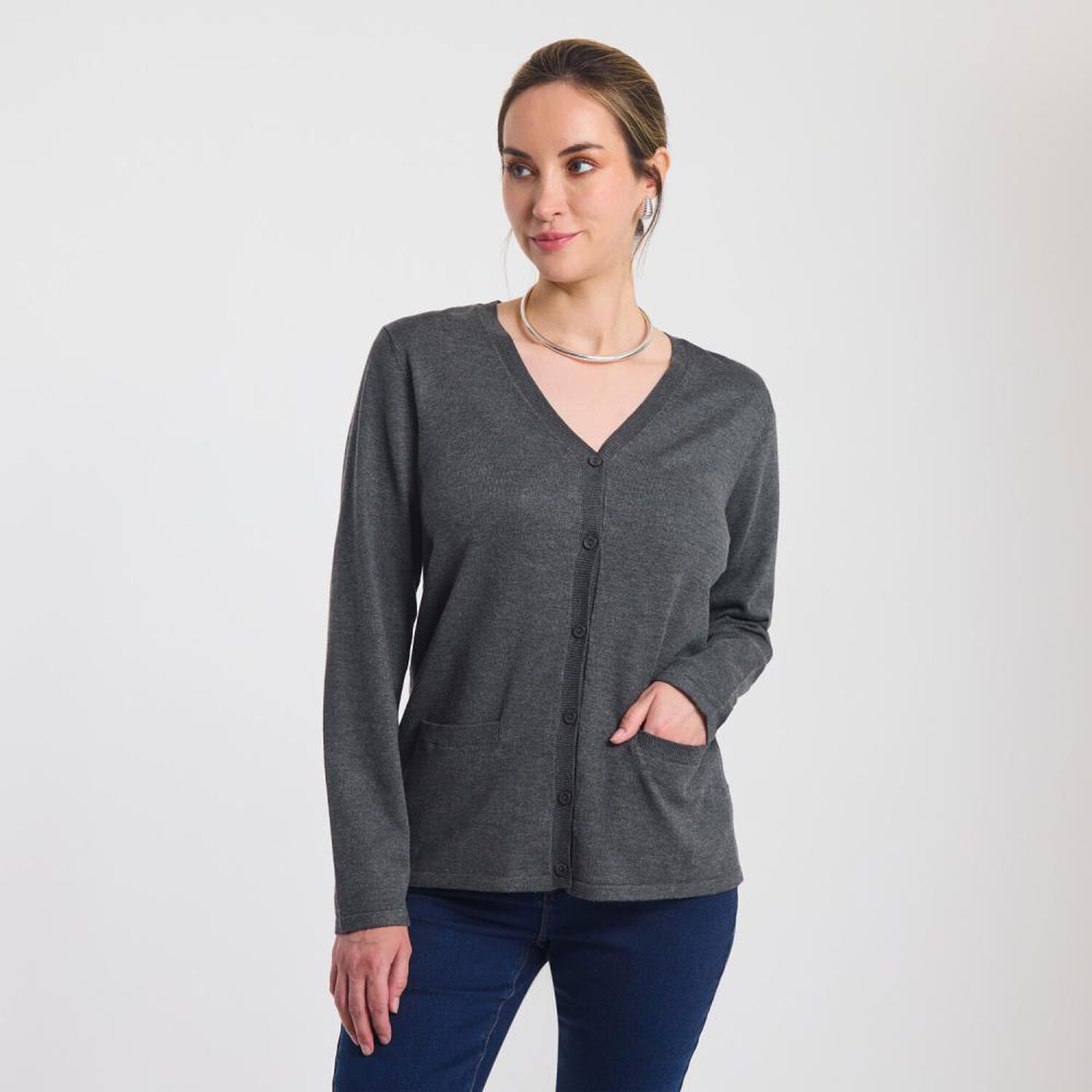 Sweater Abotonado Con Bolsillos Manga Larga Cuello V Mujer Lesage image number 0.0