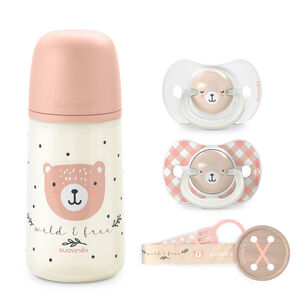 Pack Chupetes + Mamadera 270ml + Broche Wild Rosa 0-6m