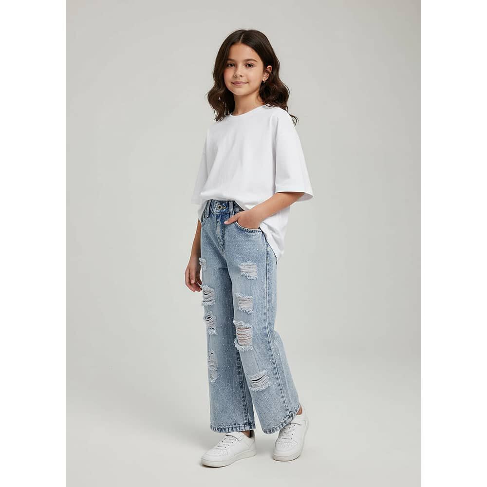 Pantal&oacute;n Jeans Ni&ntilde;a Con Brillo Y Dise&ntilde;o Rasgado image number 0.0
