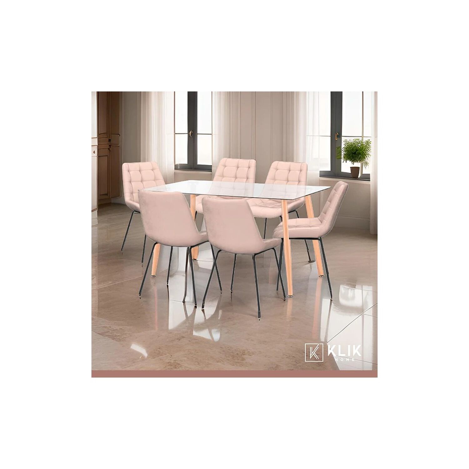 Comedor Mesa Vidrio Rectangular 120x80 + 6 Silla Macron Terciopelo - Beige image number 1.0