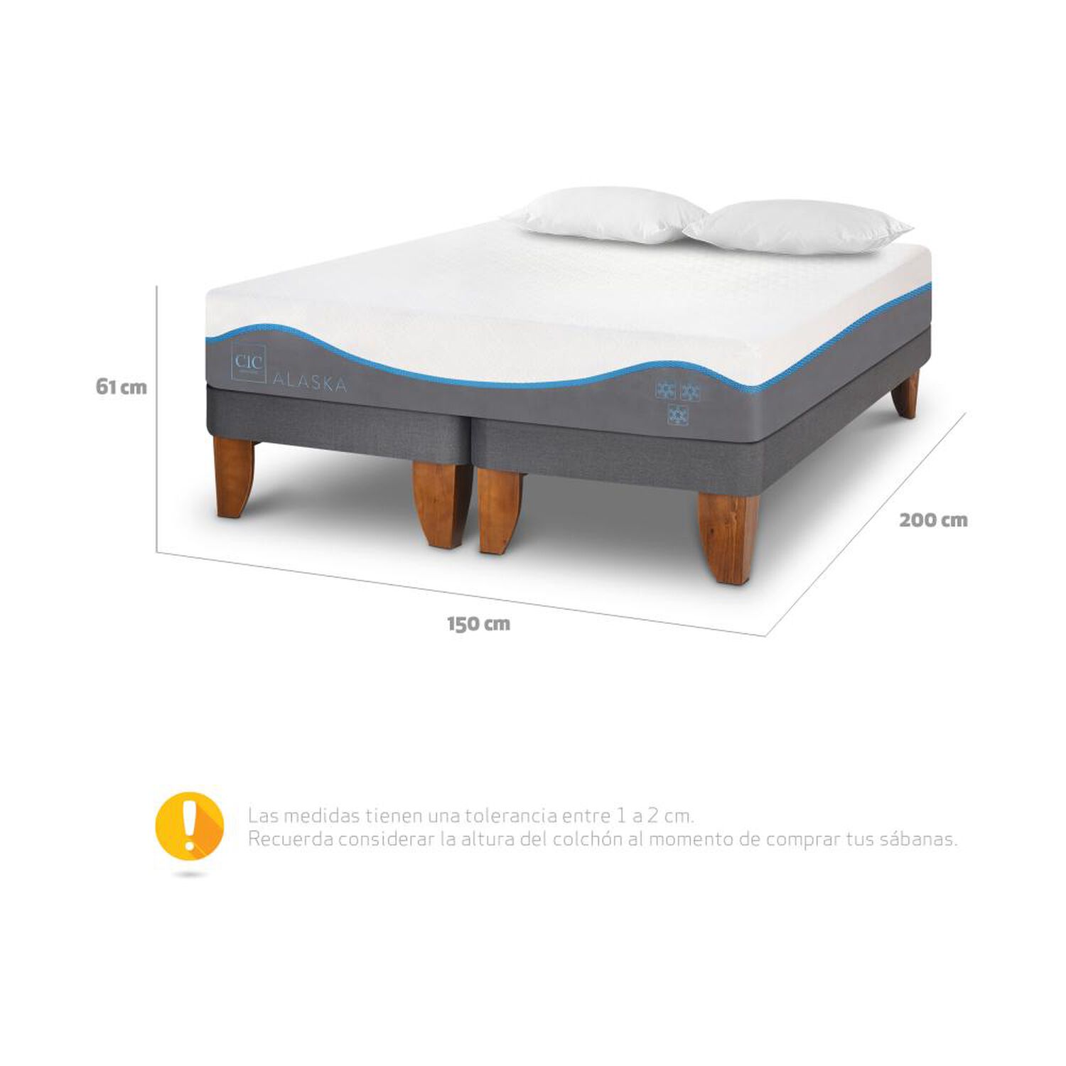 Cama Europea Cic Alaska / 2 Plazas / Base Dividida + Almohadas image number 2.0