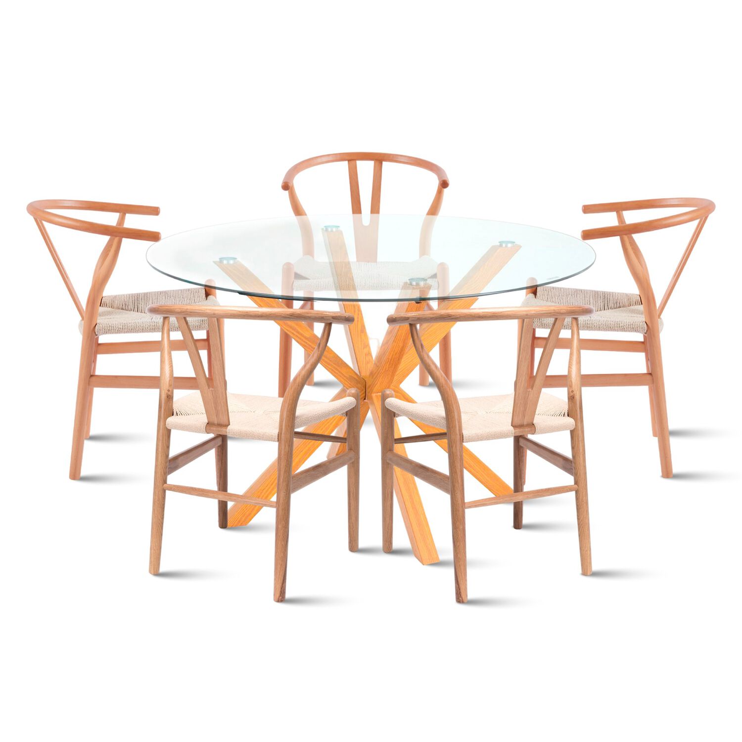 Comedor Mesa Redonda De Vidrio Cross 120cm + 5 Sillas Wishbone Madera image number 0.0