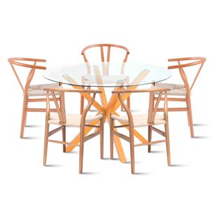 Comedor Mesa Redonda De Vidrio Cross 120cm + 5 Sillas Wishbone Madera