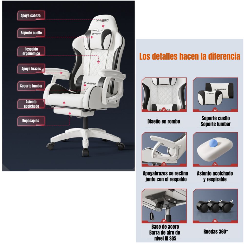Silla Gamer Ergonómica Reclinable Con Reposapies Rosada image number 4.0