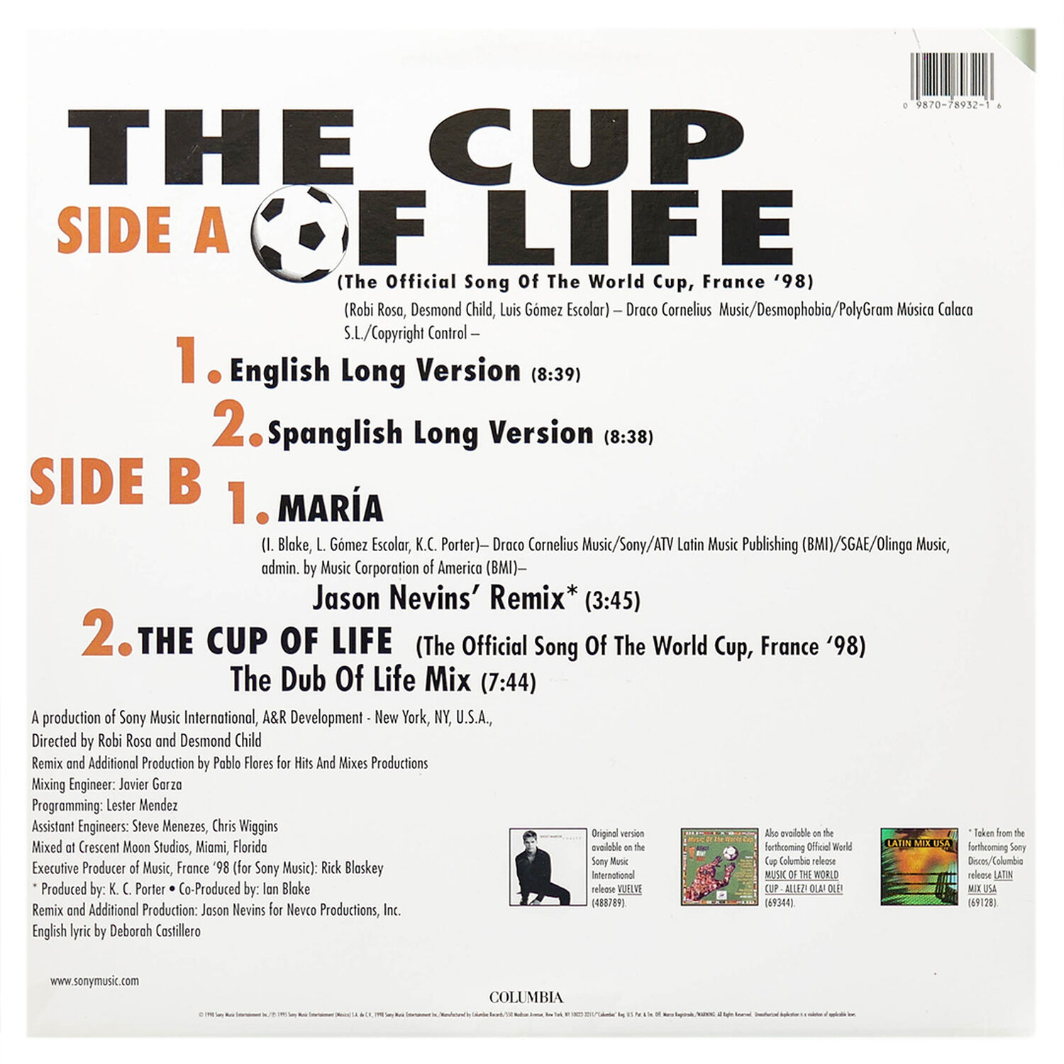 Ricky Martin - The Cup Of Life | 12" Maxi Single Usado image number 1.0