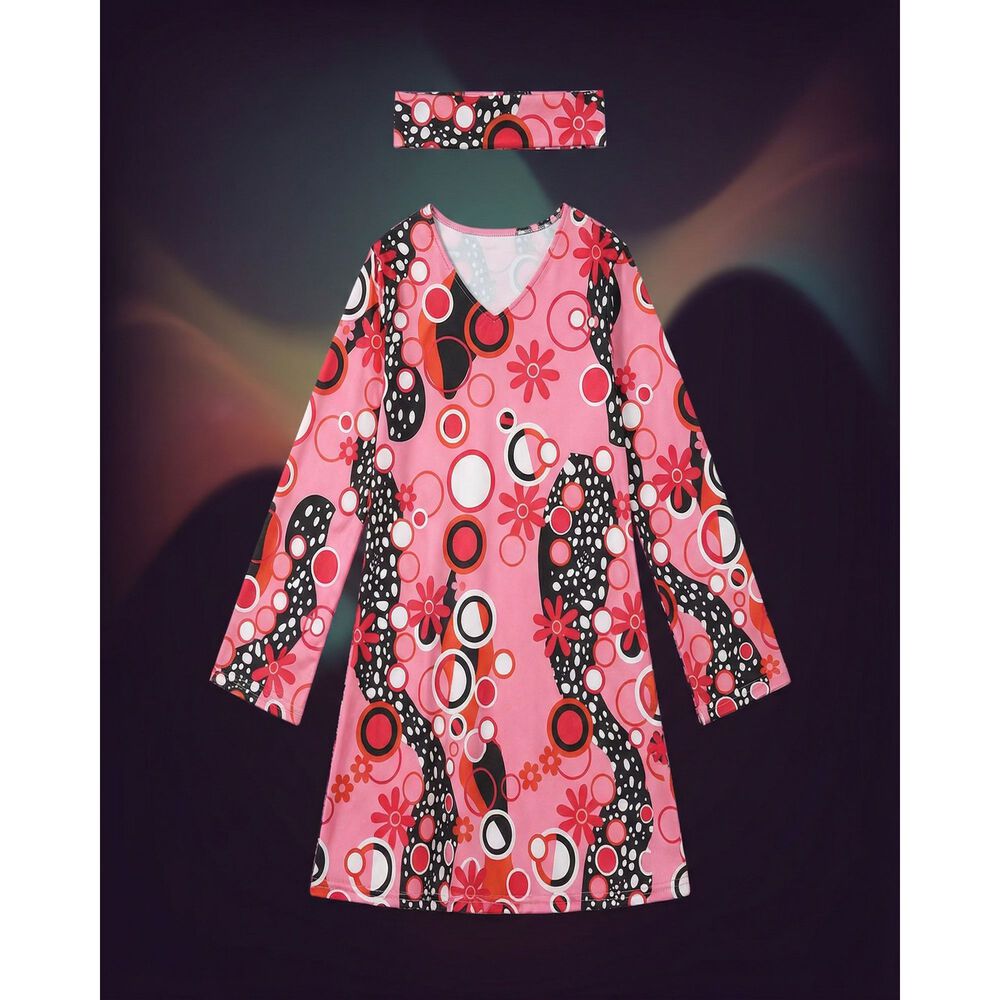 Disfraz Hippie Ni&ntilde;a A&ntilde;os Sesenta Con Vestido Psicod&eacute;lico Para Carnaval, Halloween, Fiesta Tem&aacute;tica Y Teatro image number 6.0