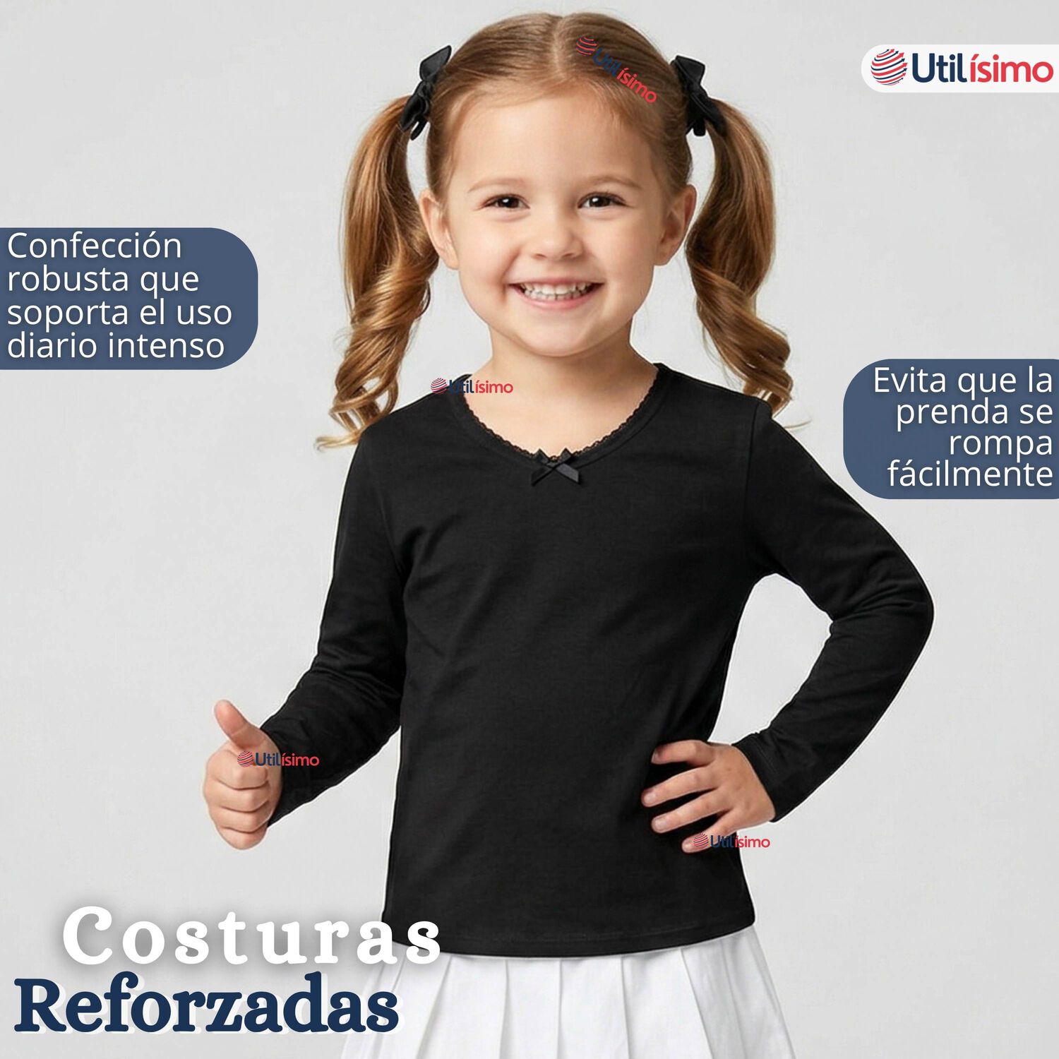 Camiseta Polera Algod&oacute;n Cuello Redondo Negra Primera Capa Manga Larga Ni&ntilde;a image number 8.0