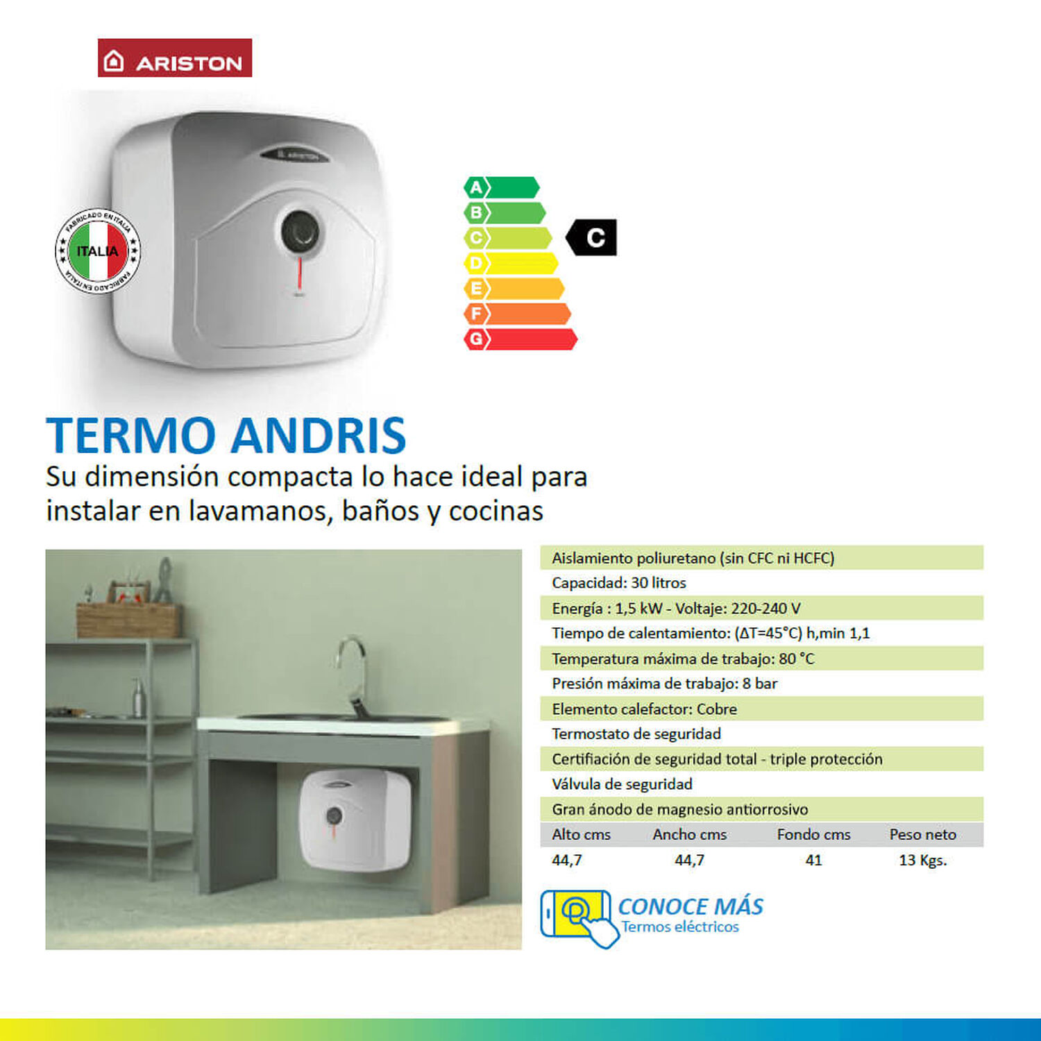 Termo El&eacute;ctrico Andris 30 Litros Italiano 1,5kw 80c Ariston image number 7.0