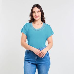 Polera Lisa Manga Corta Cuello Redondo Con Aplicación Lace Mujer Sexy Large
