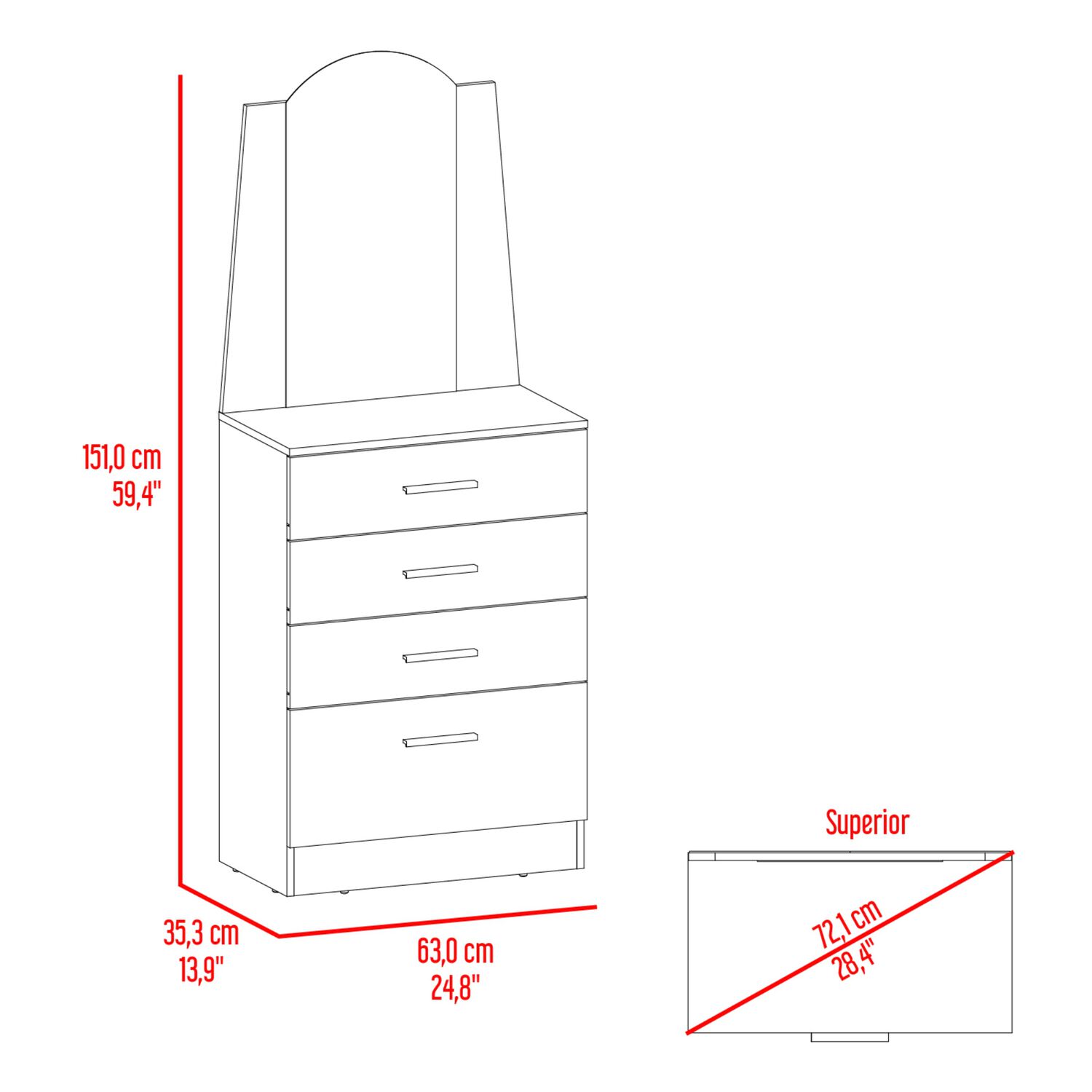 Comoda Con Espejo 159.5x62.8x35.3 Cm 3 Cajones 1 Puerta image number 5.0