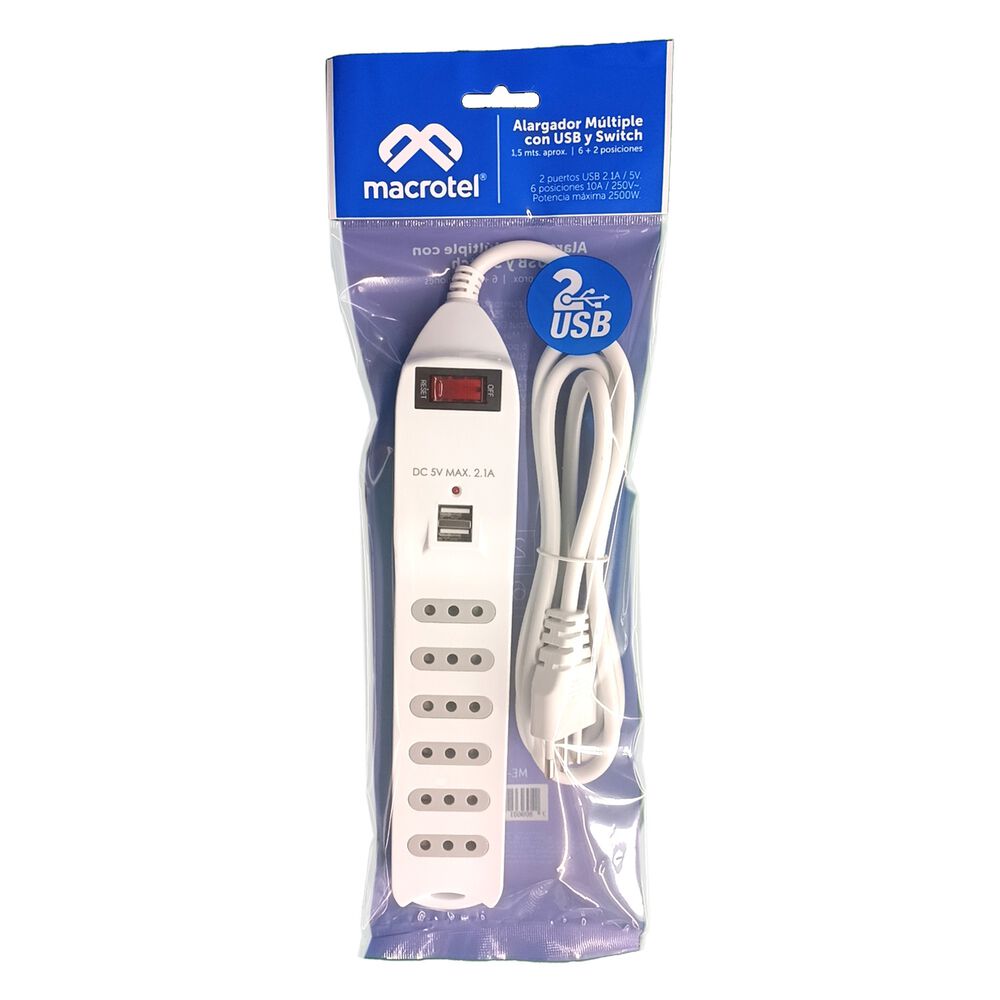 Alargador Zapatilla Con Switch 6 Posiciones 2 Usb- Cert. Sec image number 3.0