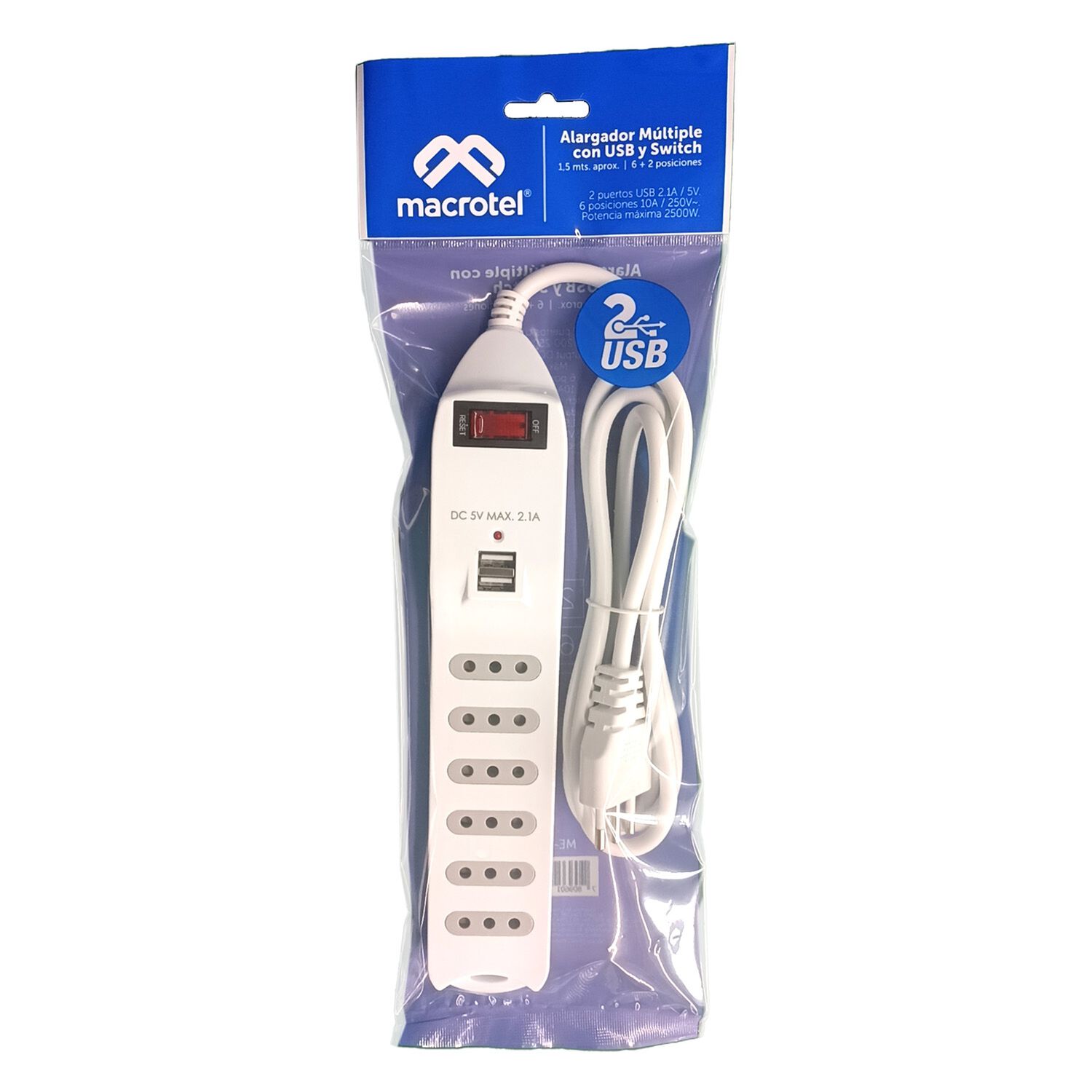 Alargador Zapatilla Con Switch 6 Posiciones 2 Usb- Cert. Sec image number 3.0