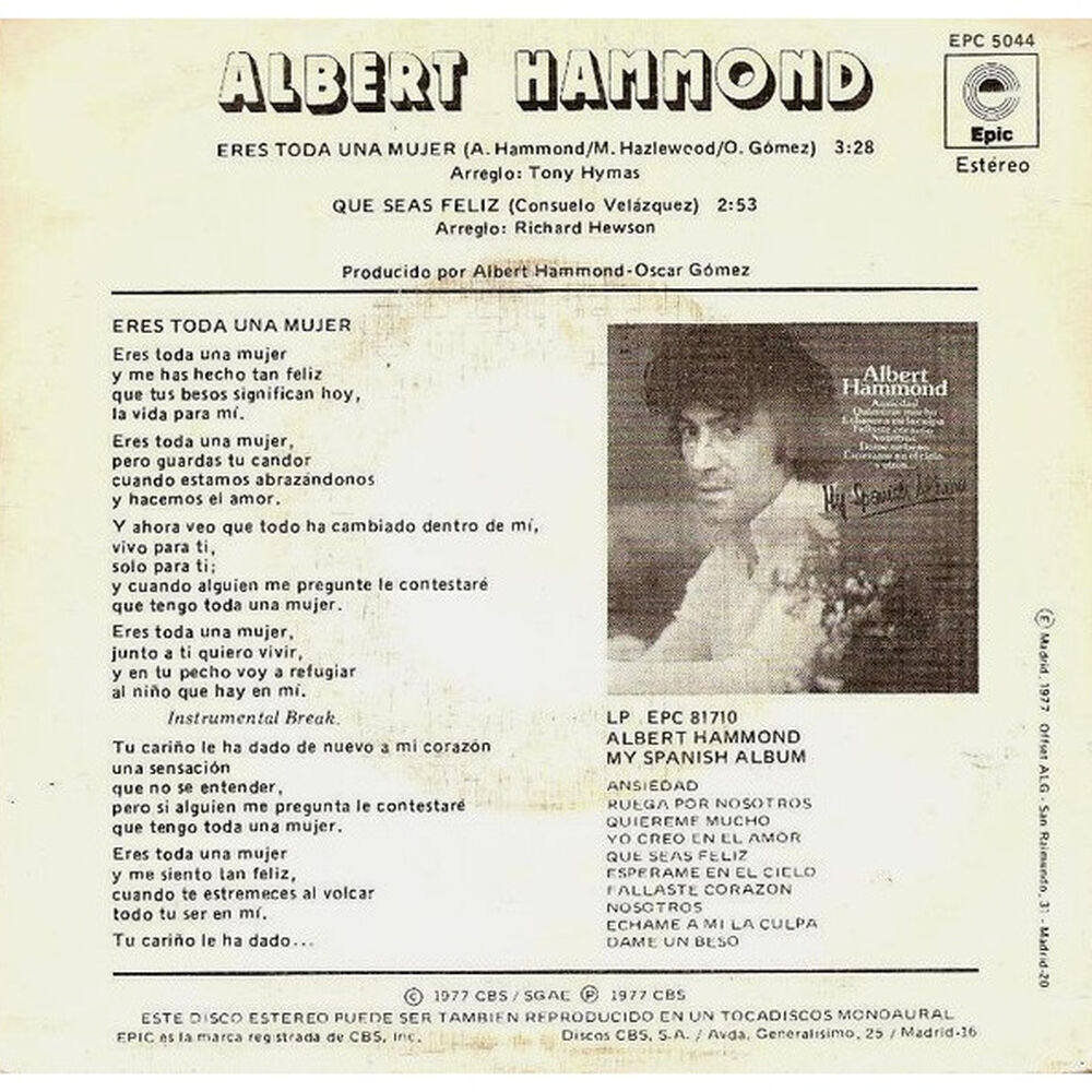 Albert Hammond - Eres Toda Una Mujer | 7" Single Usado image number 1.0