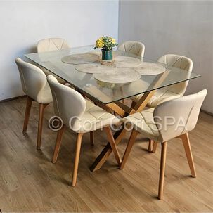 Comedor Medlock 140x90cm + 6 Sillas Mariposa Ecocuero Wood Beige