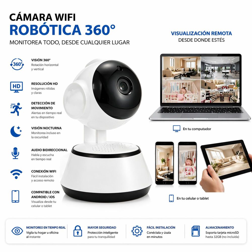 Camara Wifi Rotatoria 360&deg; Hd Robotica Ptz Interior W3860 image number 8.0