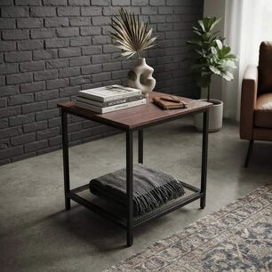 Mesa Auxiliar Lateral Con Repisa Madera Metal Caf&eacute; Oscuro