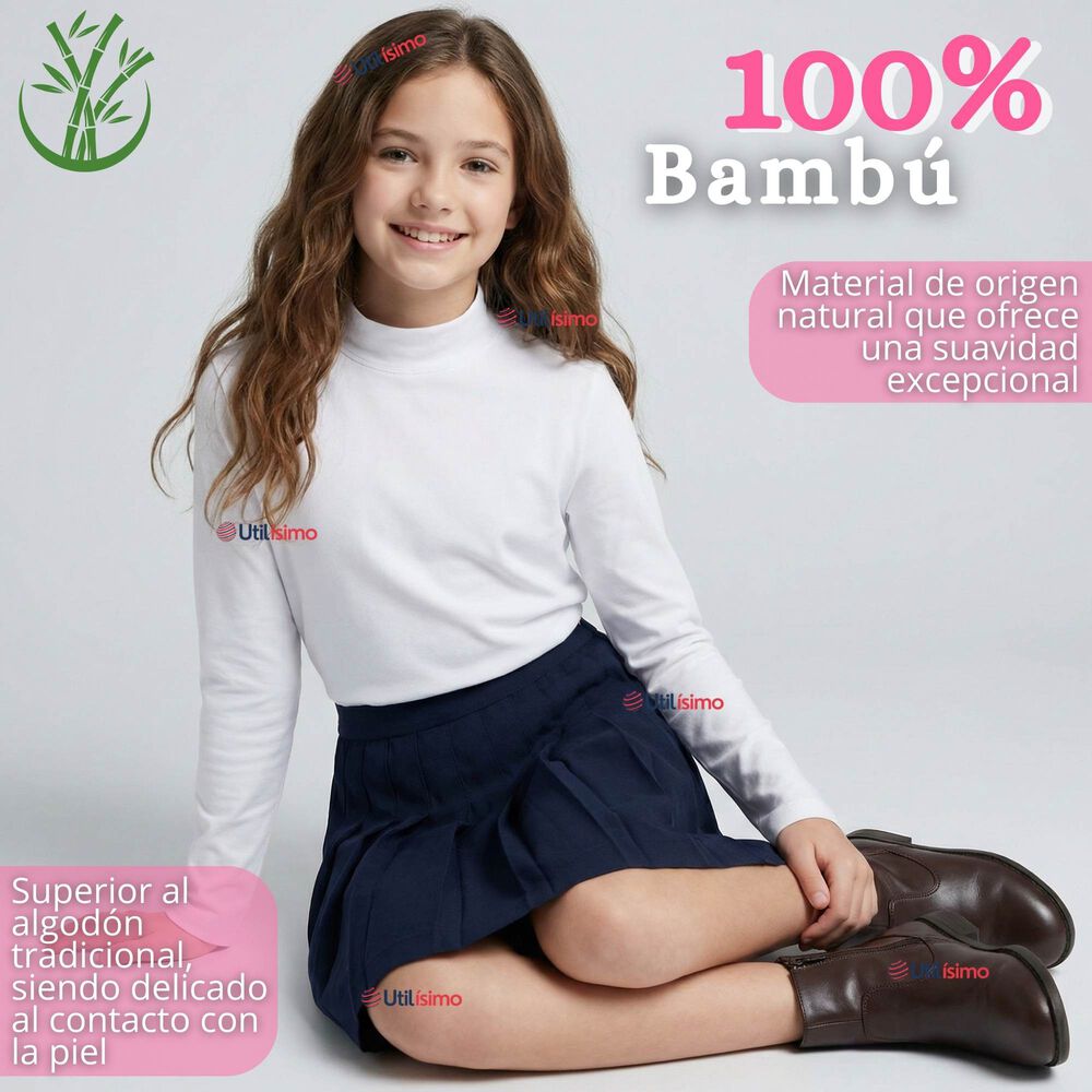 Polera Camiseta Bamb&uacute; Blanca Cuello Beatle Primera Capa Manga Larga Ni&ntilde;a image number 3.0