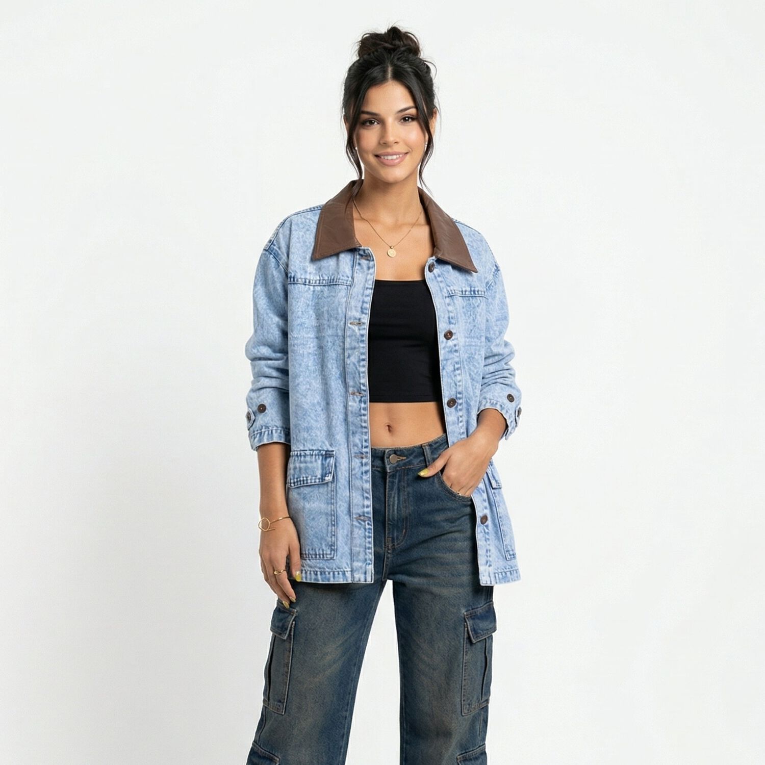 Chaqueta Denim Oversize Con Cuello Ecocuero image number 0.0